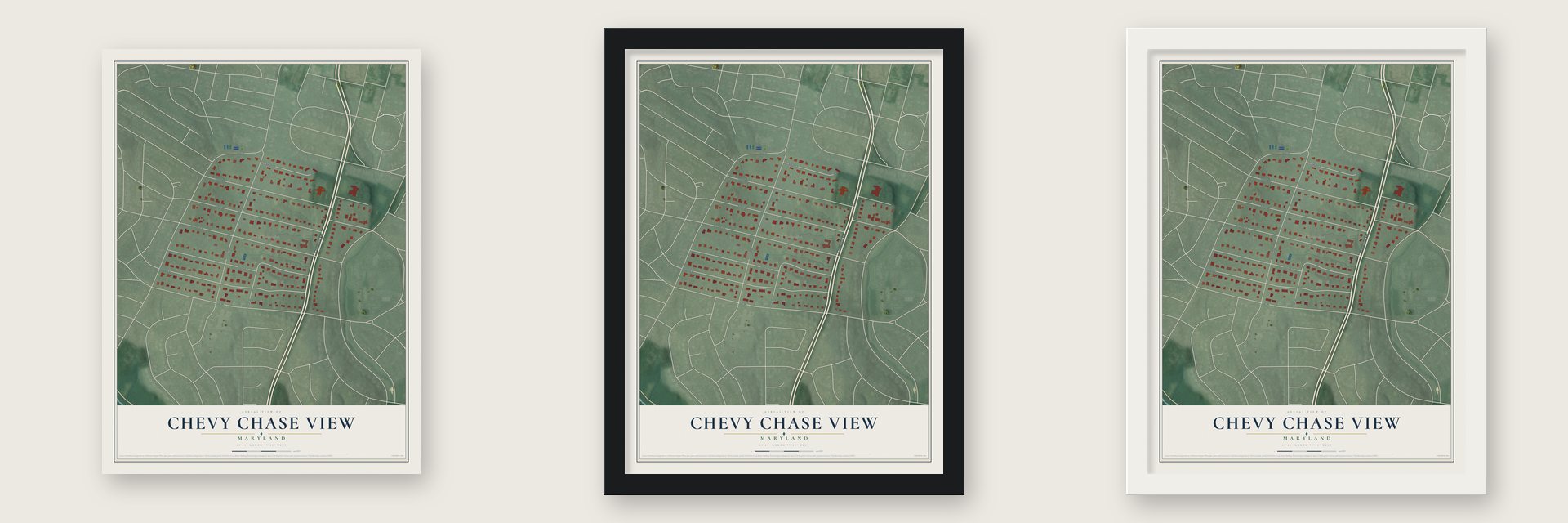Chevy Chase View, Maryland map unframed, in a black wood frame and in a white wood frame