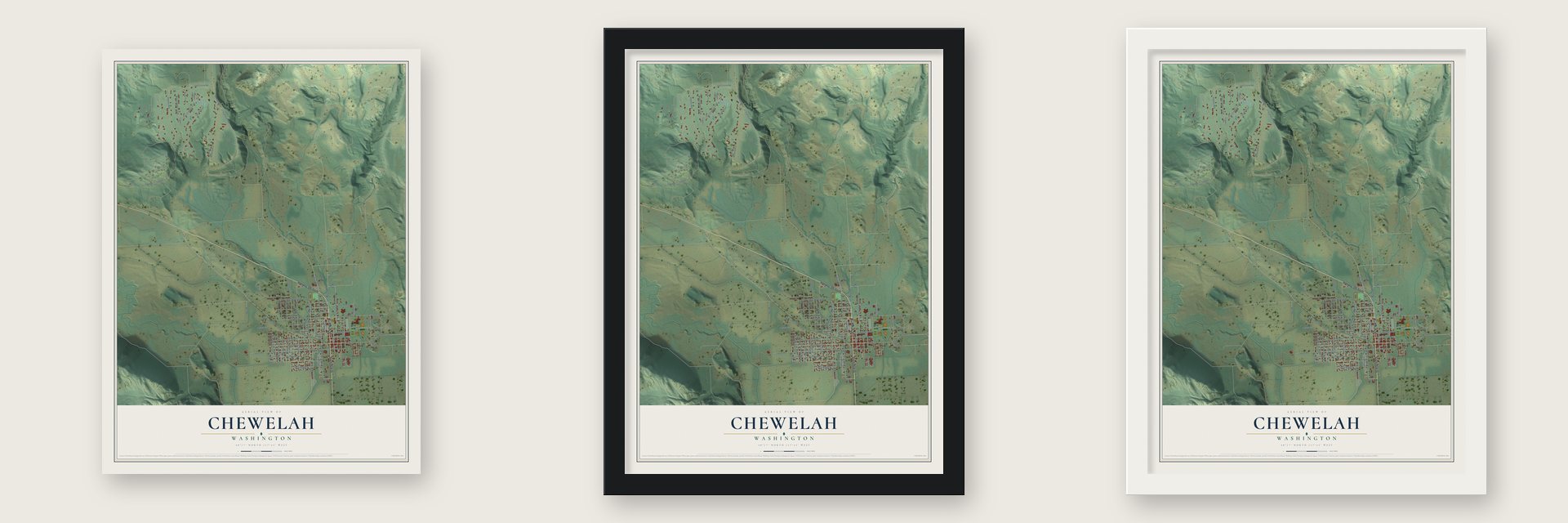 Chewelah, Washington map unframed, in a black wood frame and in a white wood frame