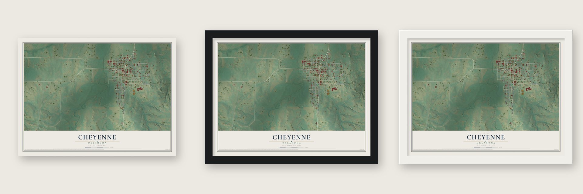Cheyenne, Oklahoma map unframed, in a black wood frame and in a white wood frame