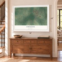Cheyenne, Oklahoma map, 24 x 36 inch print in a white frame above a dresser by a staircase