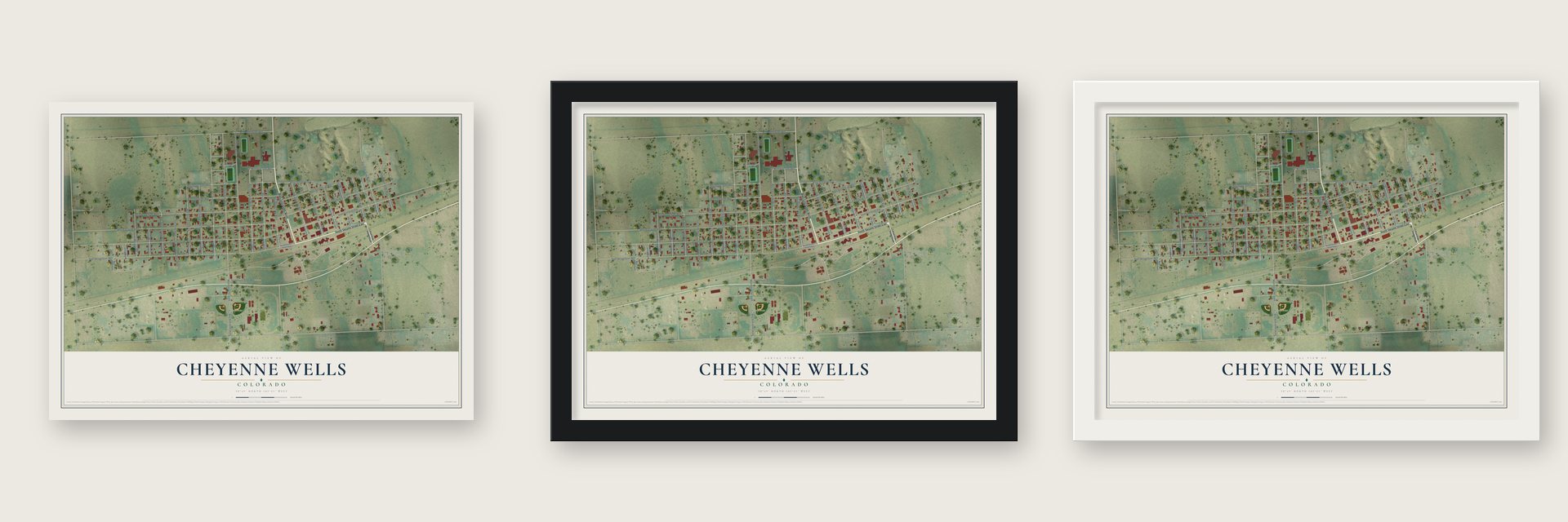 Cheyenne Wells, Colorado map unframed, in a black wood frame and in a white wood frame