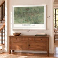 Cheyenne Wells, Colorado map, 24 x 36 inch print in a white frame above a dresser by a staircase