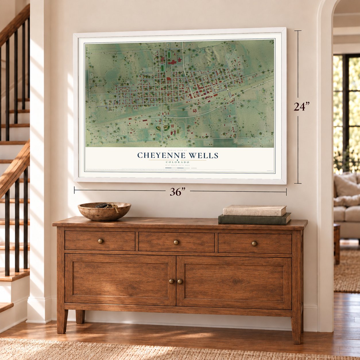 Cheyenne Wells, Colorado map, 24 x 36 inch print in a white frame above a dresser by a staircase