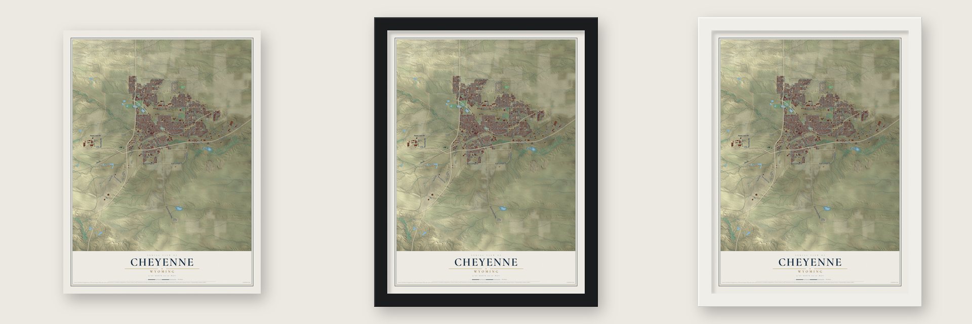 Cheyenne, Wyoming map unframed, in a black wood frame and in a white wood frame