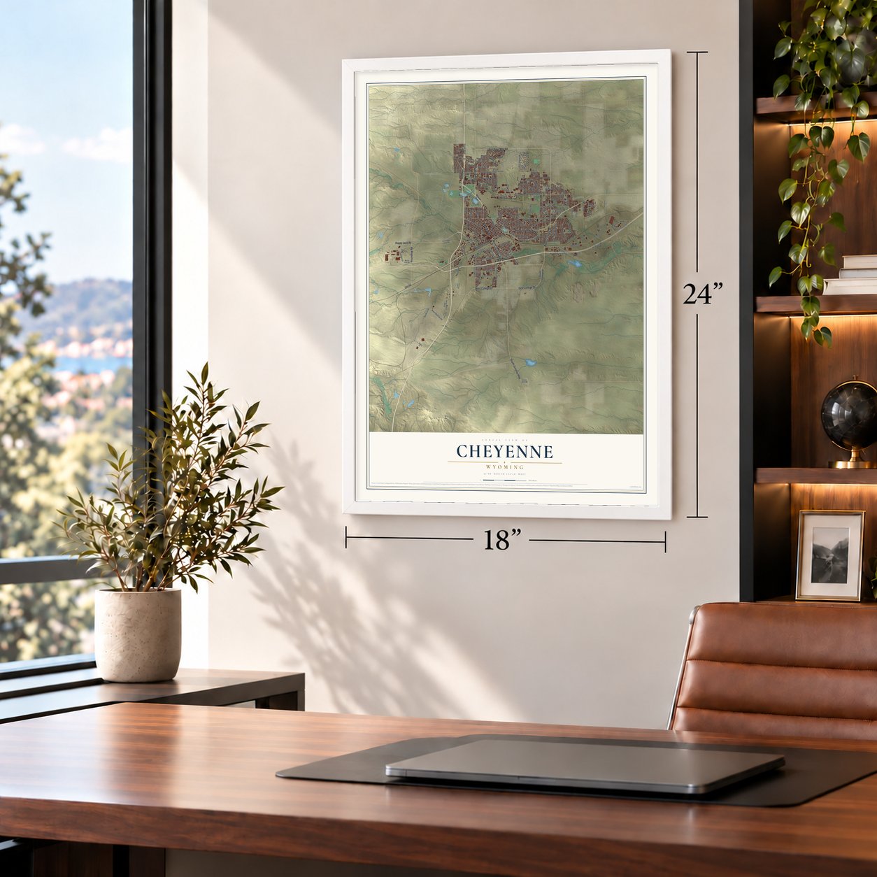 Cheyenne, Wyoming map, 18 x 24 inch print in a white frame in a home office