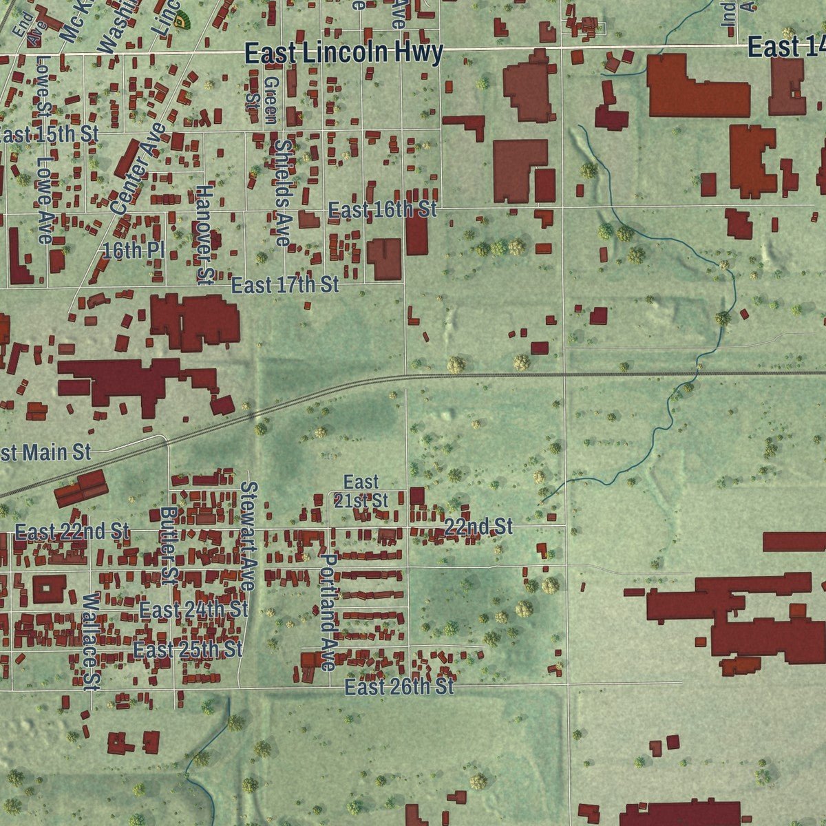 Second close-up of the map of Chicago Heights, Illinois print showing more streets and buildings