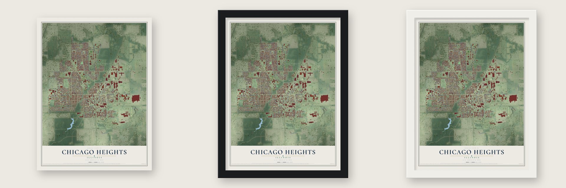Chicago Heights, Illinois map unframed, in a black wood frame and in a white wood frame