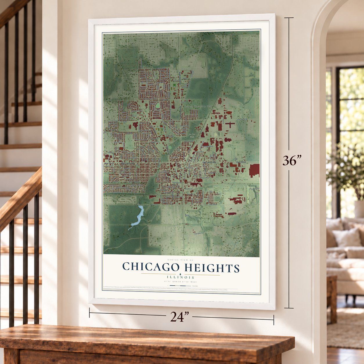 Chicago Heights, Illinois map, 24 x 36 inch print in a white frame by a staircase