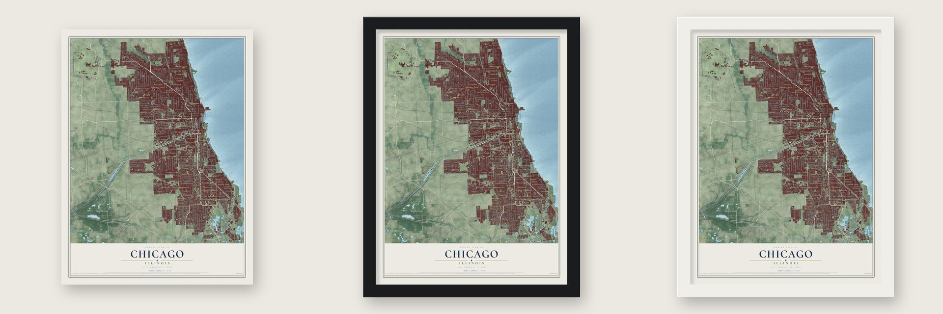 Chicago, Illinois map unframed, in a black wood frame and in a white wood frame