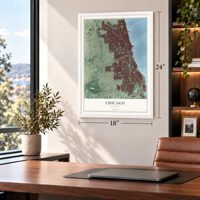 Chicago, Illinois map, 18 x 24 inch print in a white frame in a home office