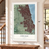 Chicago, Illinois map, 24 x 36 inch print in a white frame by a staircase