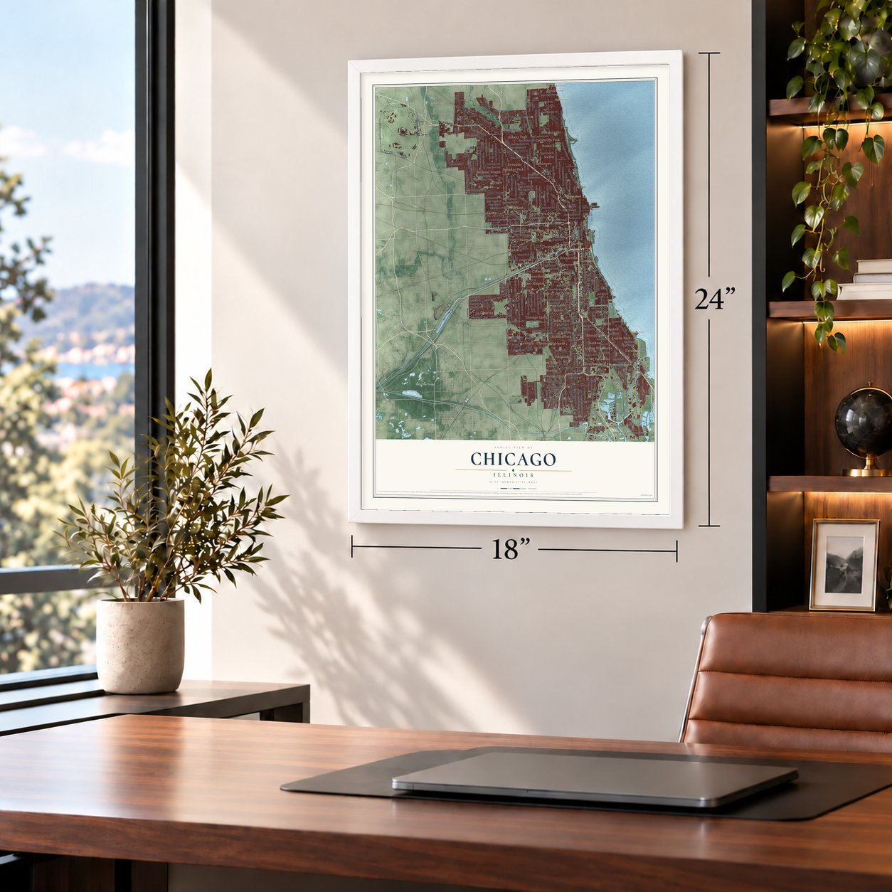 Chicago, Illinois map, 18 x 24 inch print in a white frame in a home office