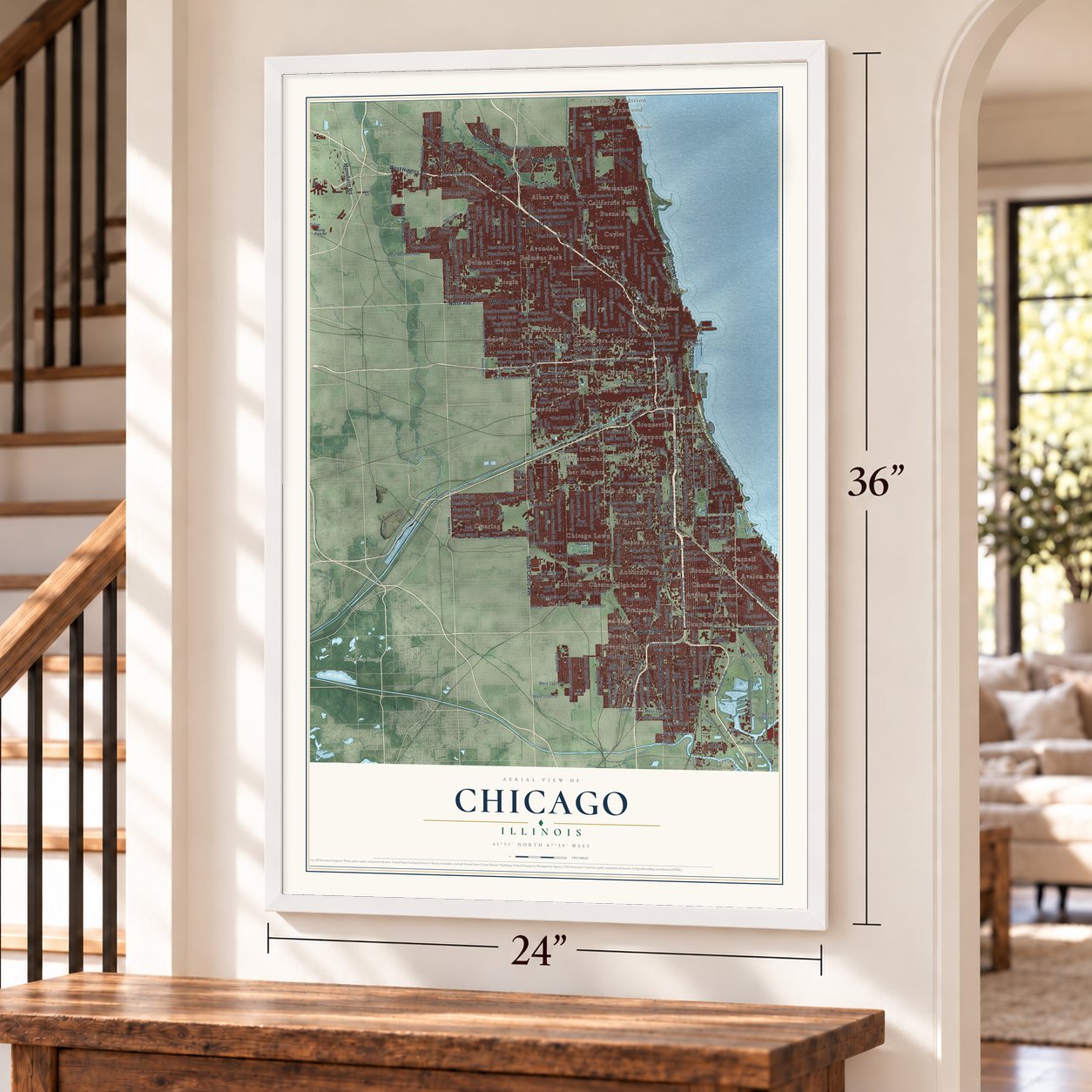 Chicago, Illinois map, 24 x 36 inch print in a white frame by a staircase
