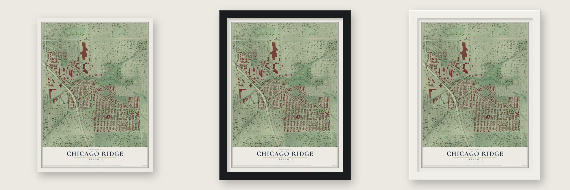 Chicago Ridge, Illinois map unframed, in a black wood frame and in a white wood frame