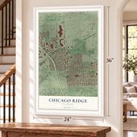 Chicago Ridge, Illinois map, 24 x 36 inch print in a white frame by a staircase