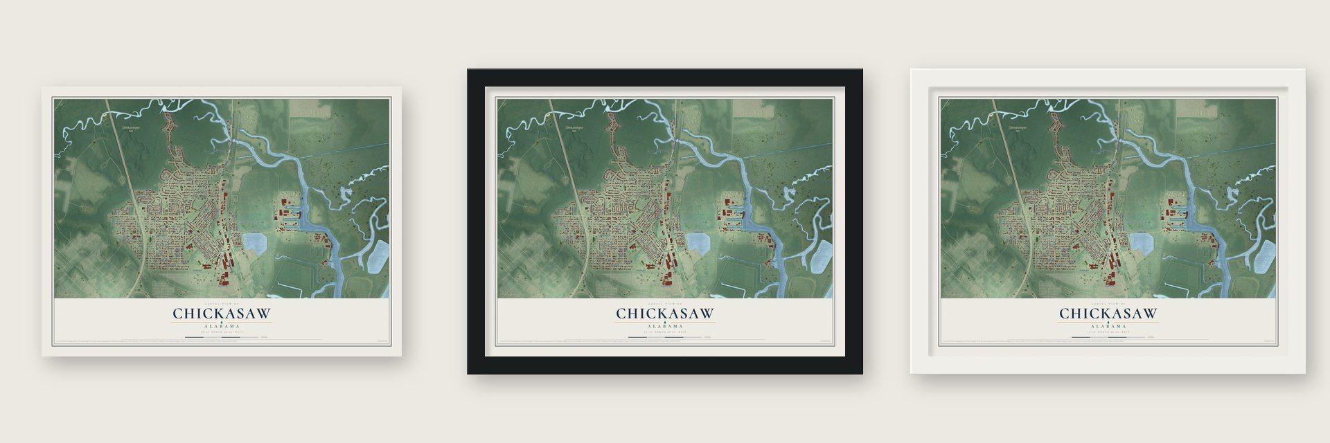 Chickasaw, Alabama map unframed, in a black wood frame and in a white wood frame