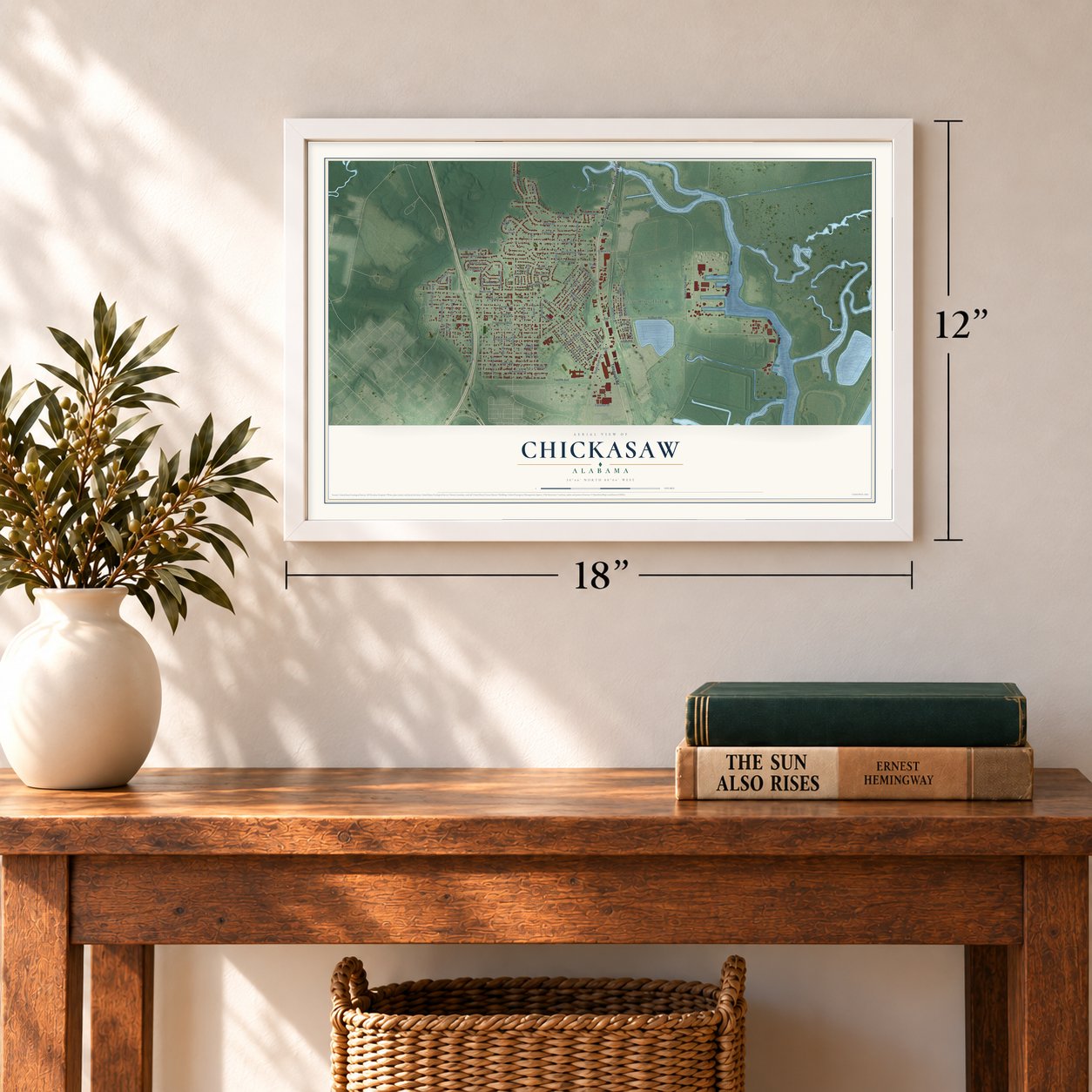 Chickasaw, Alabama map, 12 x 18 inch print in a white frame in an entryway