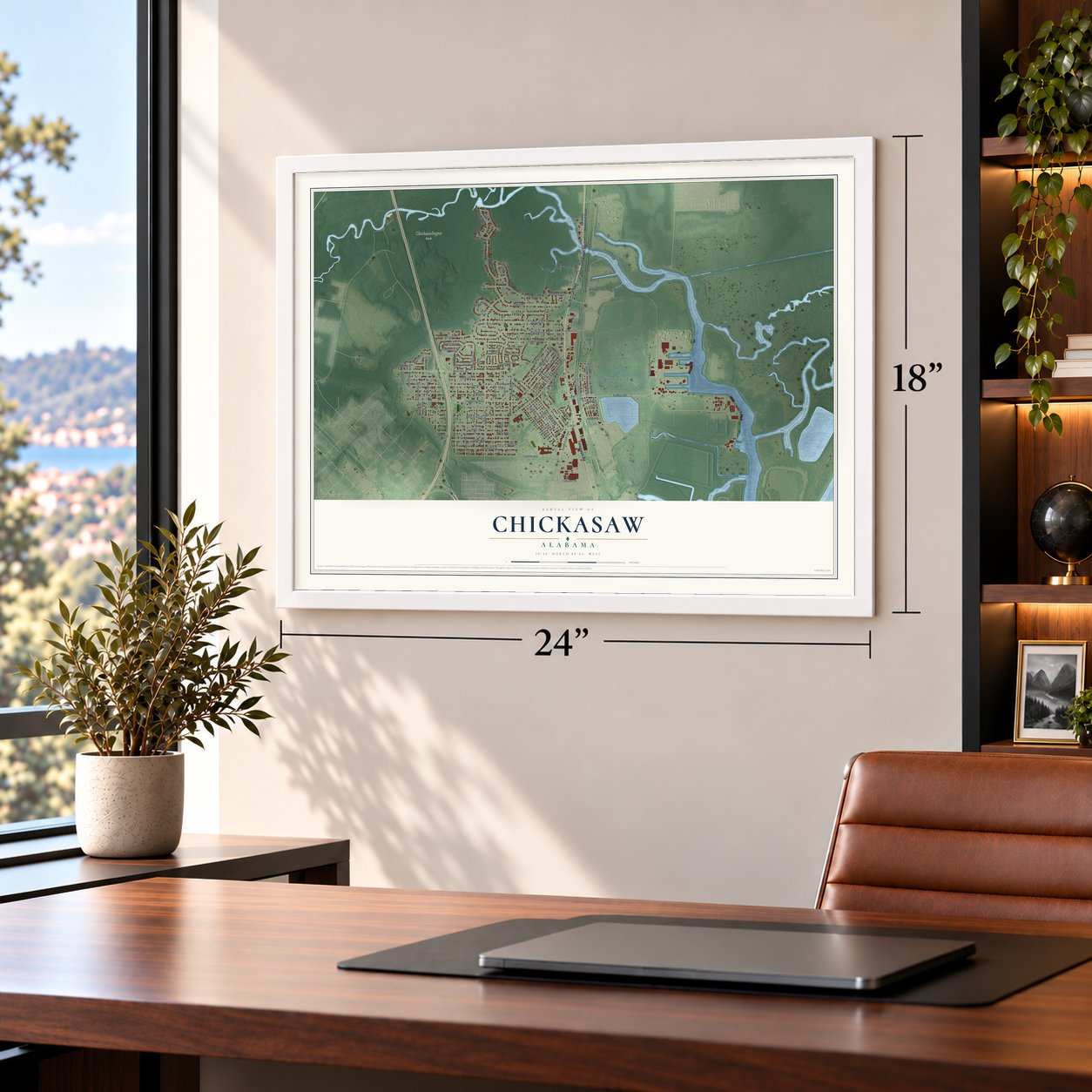 Chickasaw, Alabama map, 18 x 24 inch print in a white frame in a home office