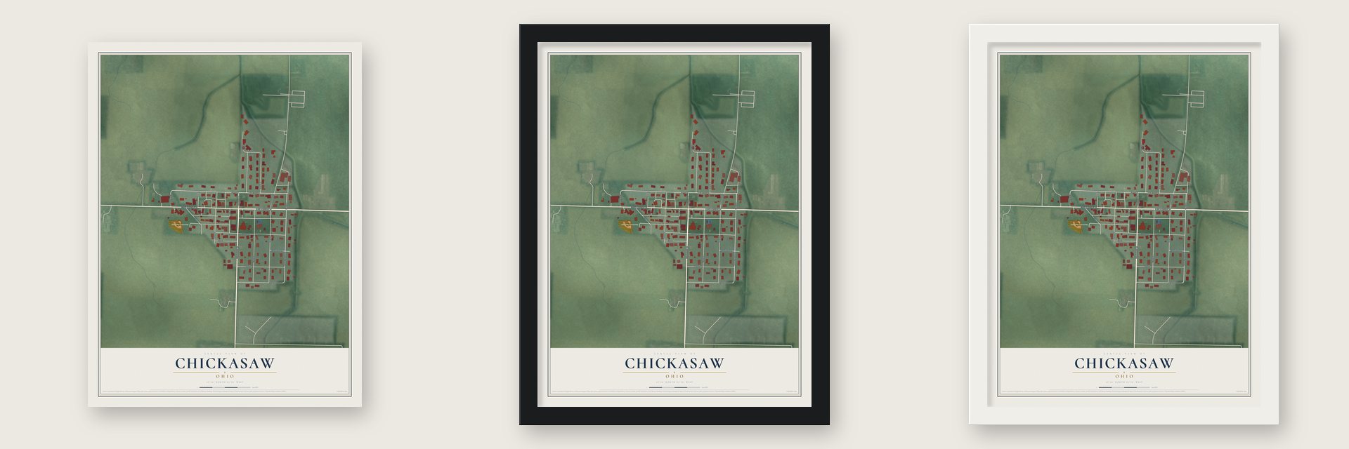 Chickasaw, Ohio map unframed, in a black wood frame and in a white wood frame