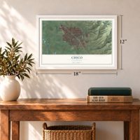 Chico, California map, 12 x 18 inch print in a white frame in an entryway