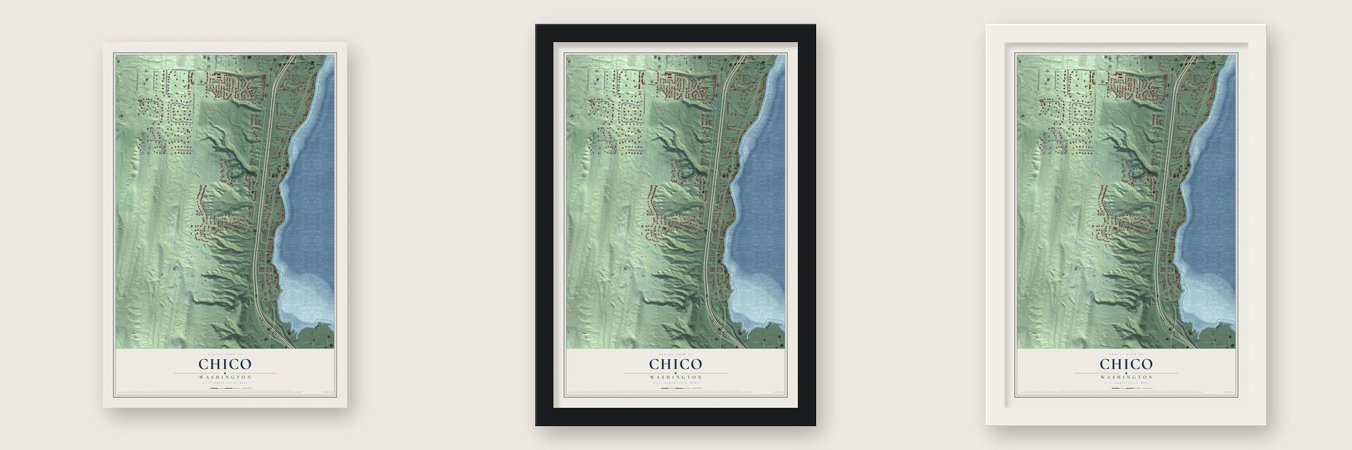 Chico, Washington map unframed, in a black wood frame and in a white wood frame