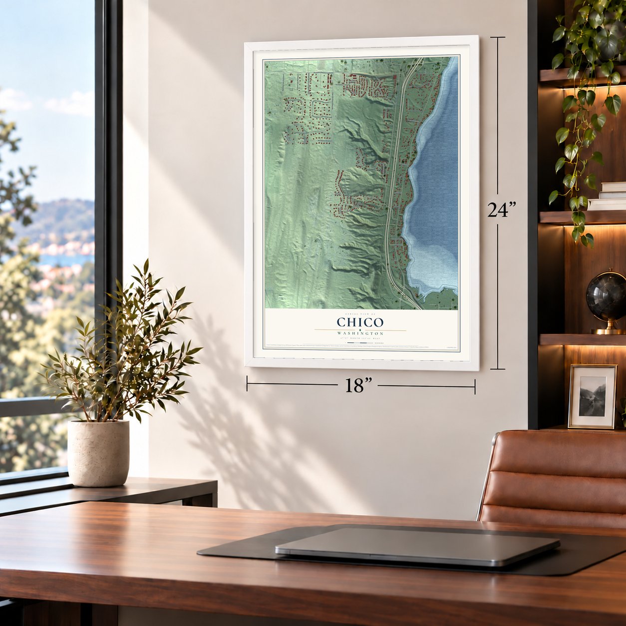 Chico, Washington map, 18 x 24 inch print in a white frame in a home office