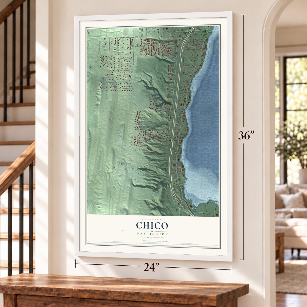 Chico, Washington map, 24 x 36 inch print in a white frame by a staircase