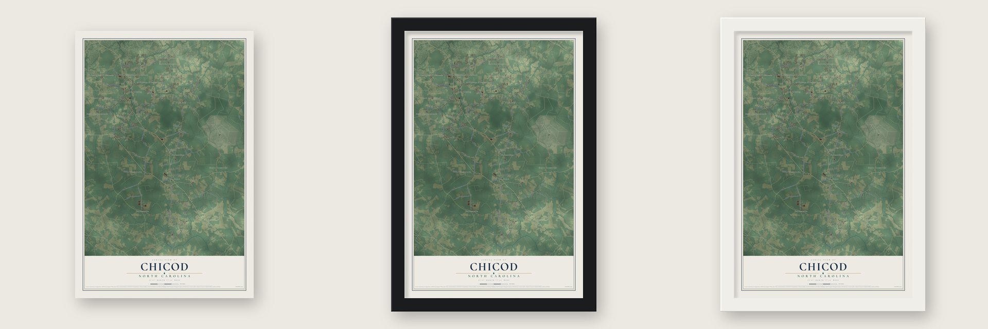 Chicod, North Carolina map unframed, in a black wood frame and in a white wood frame
