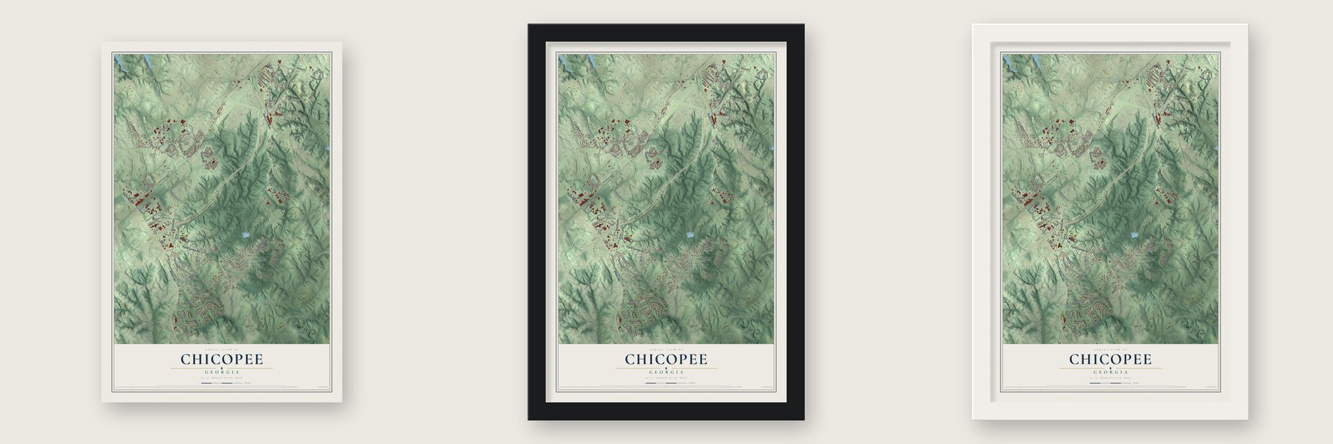 Chicopee, Georgia map unframed, in a black wood frame and in a white wood frame