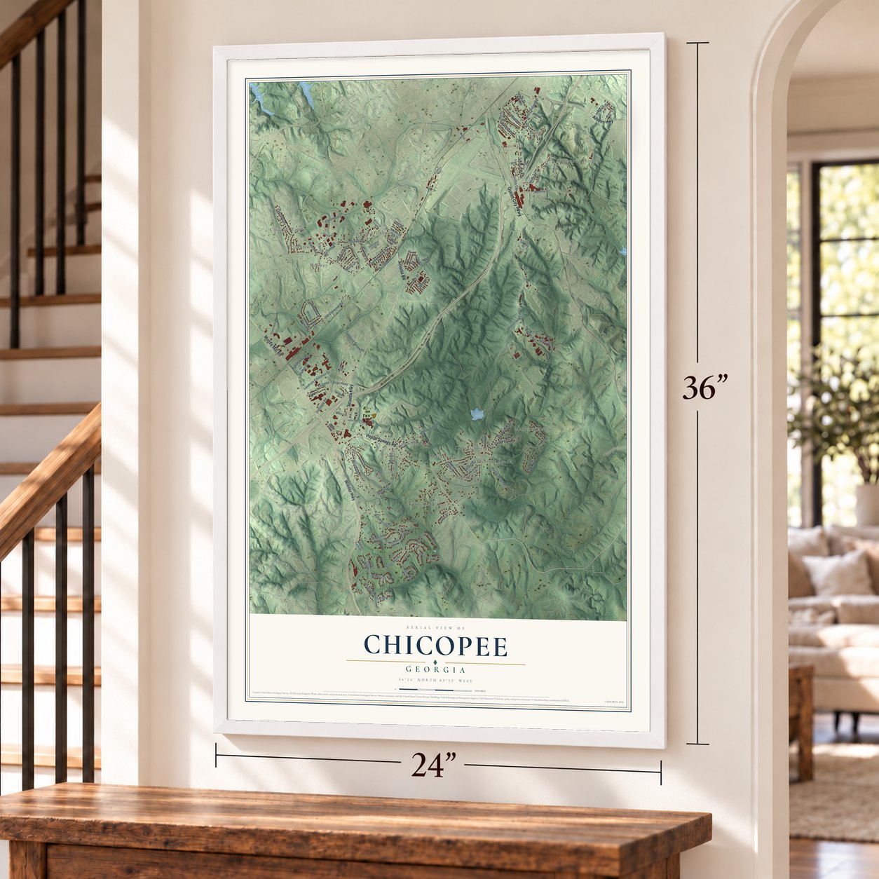 Chicopee, Georgia map, 24 x 36 inch print in a white frame by a staircase
