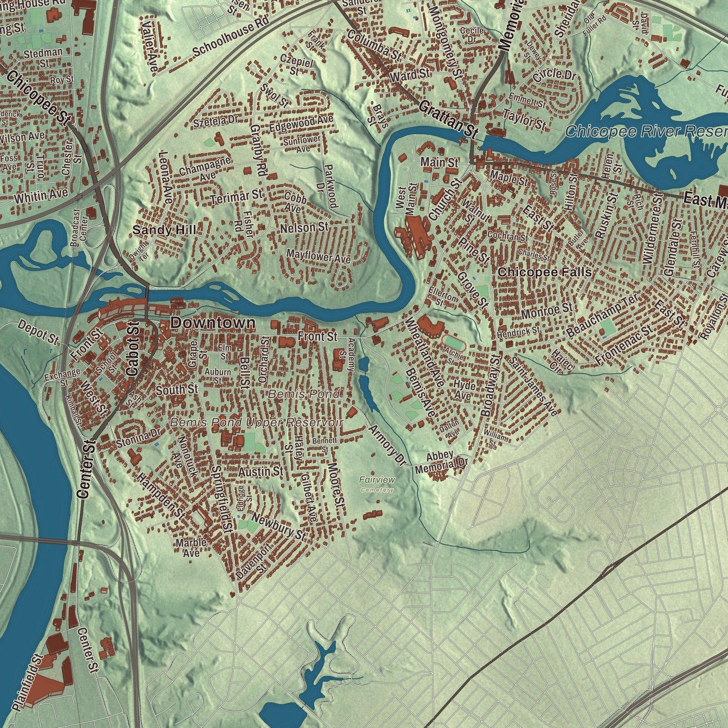 Close-up of the map of Chicopee, Massachusetts print showing terrain and local geography