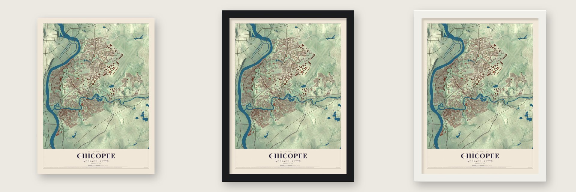 Chicopee, Massachusetts map unframed, in a black wood frame and in a white wood frame
