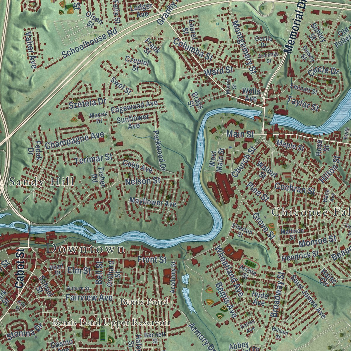 Second close-up of the map of Chicopee, Massachusetts print showing more streets and buildings