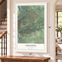 Chicopee, Massachusetts map, 24 x 36 inch print in a white frame by a staircase