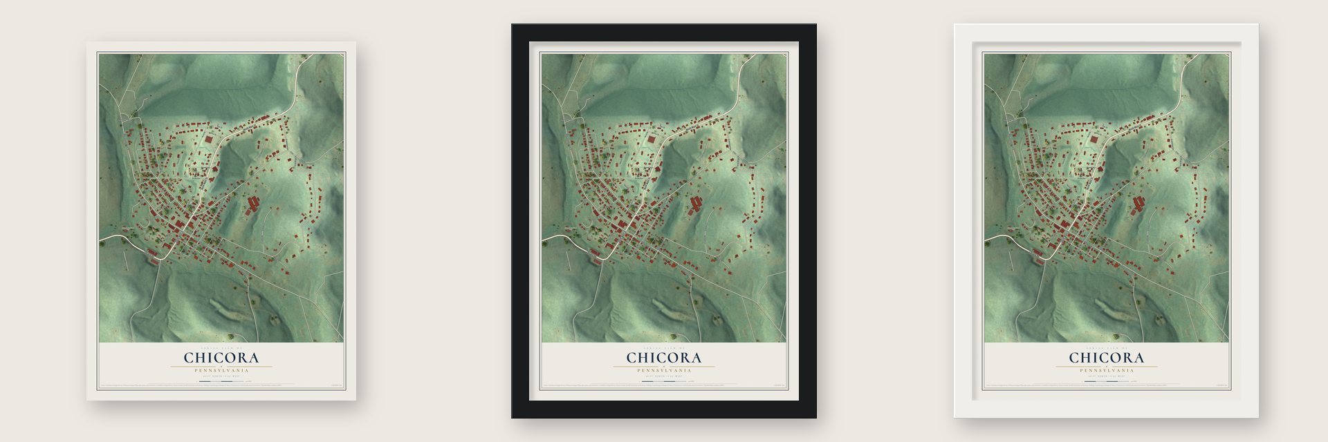 Chicora, Pennsylvania map unframed, in a black wood frame and in a white wood frame