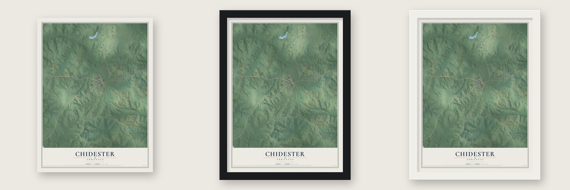 Chidester, Arkansas map unframed, in a black wood frame and in a white wood frame