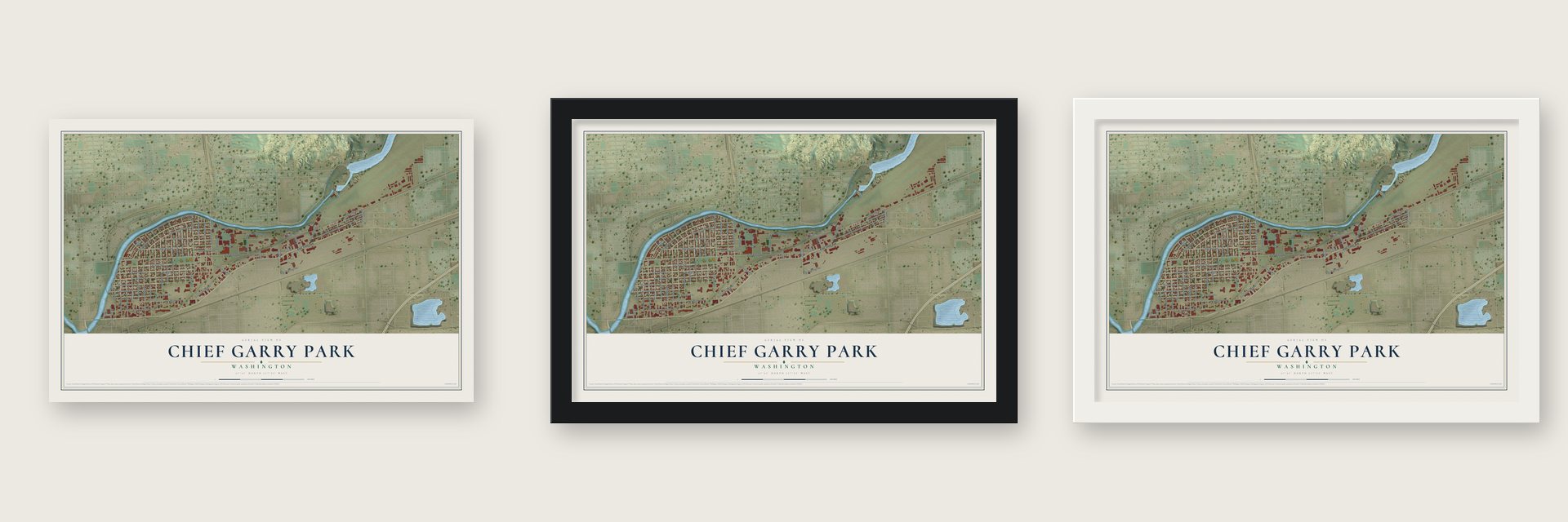 Chief Garry Park, Washington map unframed, in a black wood frame and in a white wood frame