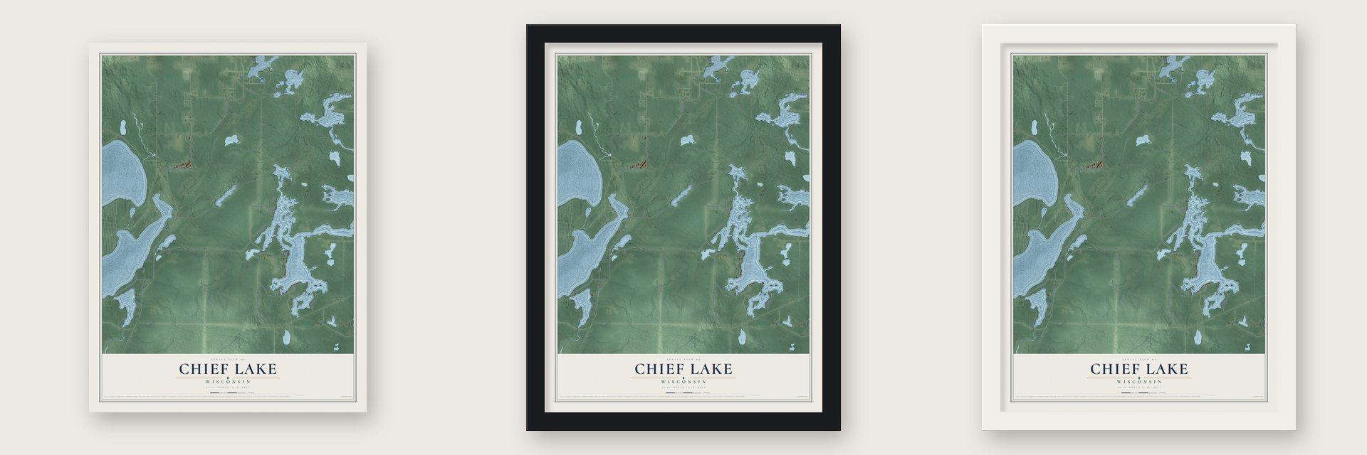 Chief Lake, Wisconsin map unframed, in a black wood frame and in a white wood frame