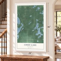 Chief Lake, Wisconsin map, 24 x 36 inch print in a white frame by a staircase