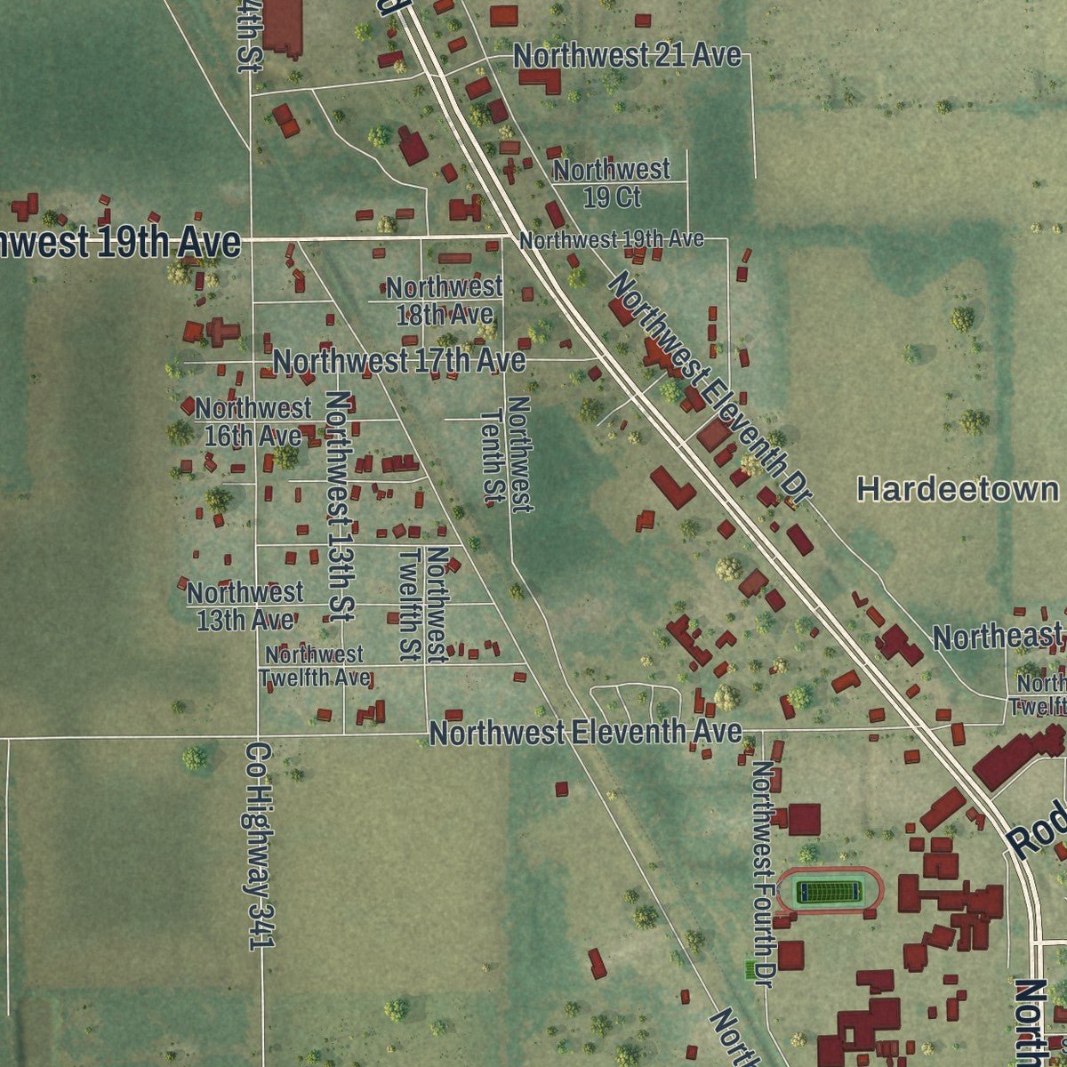 Second close-up of the map of Chiefland, Florida print showing more streets and buildings