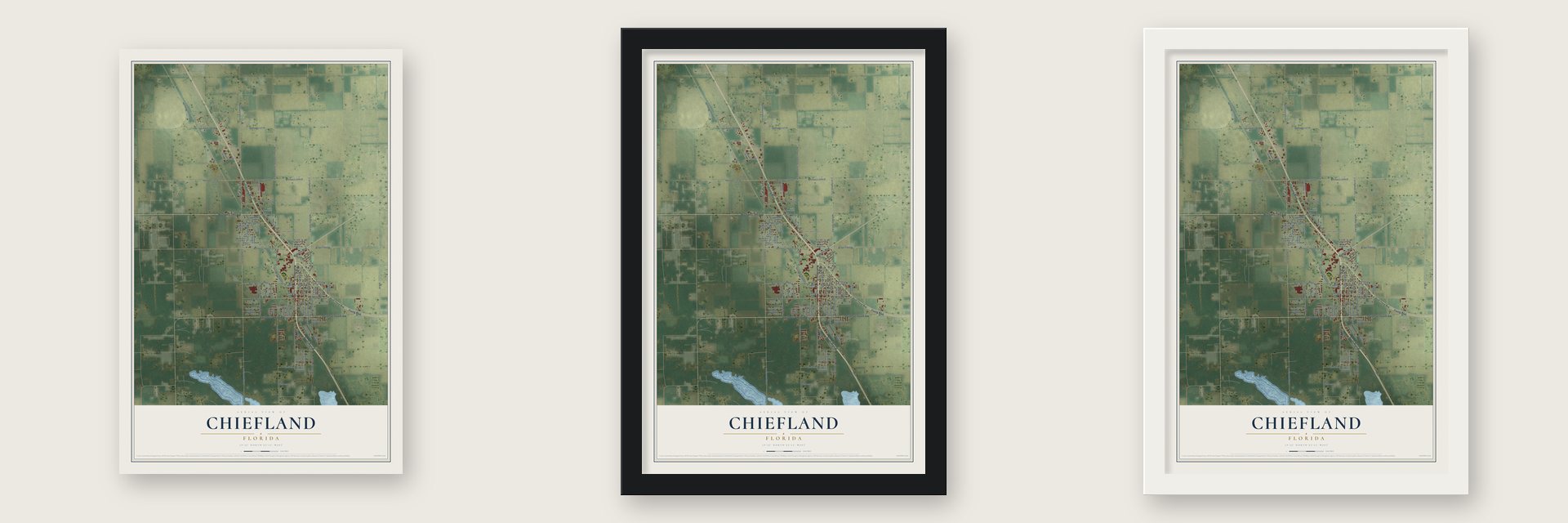 Chiefland, Florida map unframed, in a black wood frame and in a white wood frame
