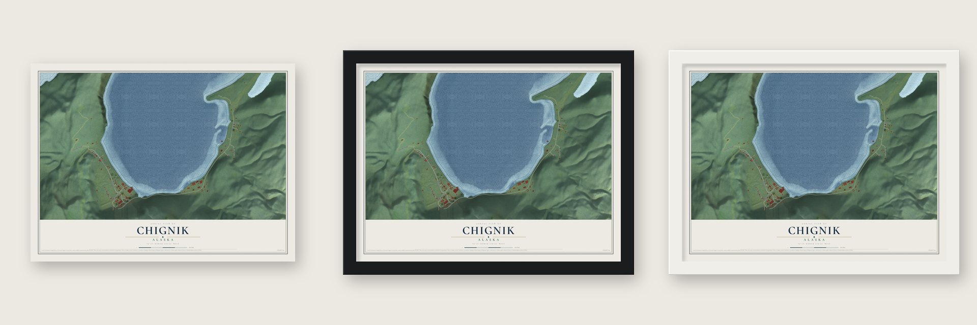 Chignik, Alaska map unframed, in a black wood frame and in a white wood frame