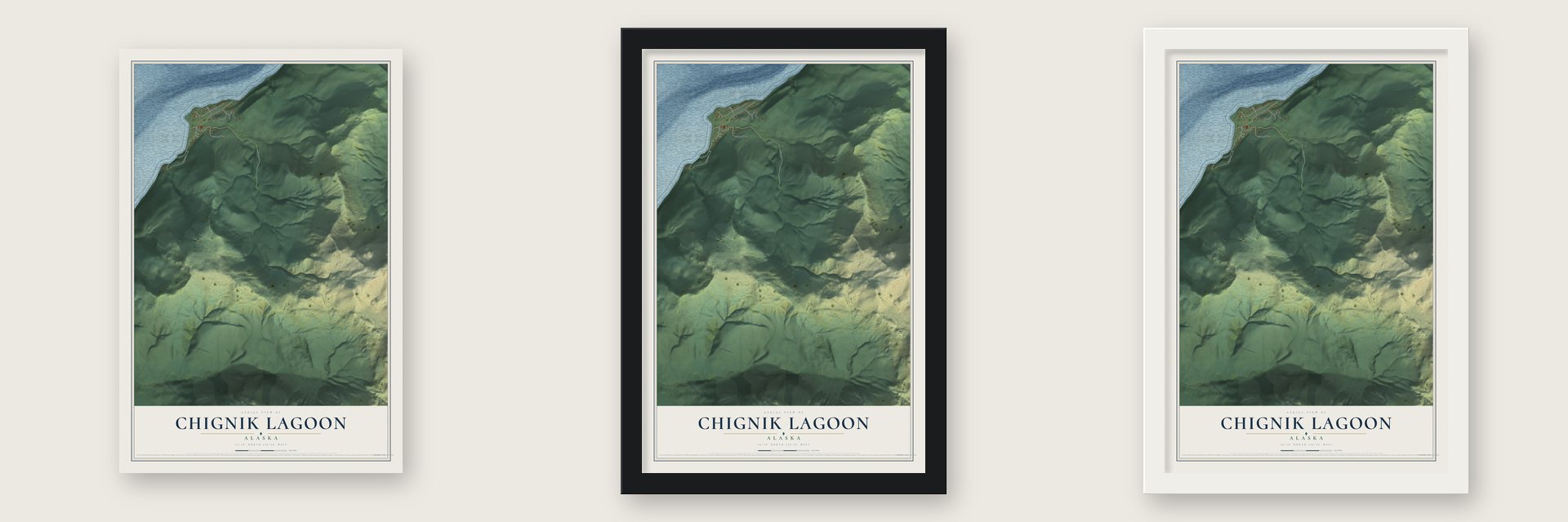 Chignik Lagoon, Alaska map unframed, in a black wood frame and in a white wood frame
