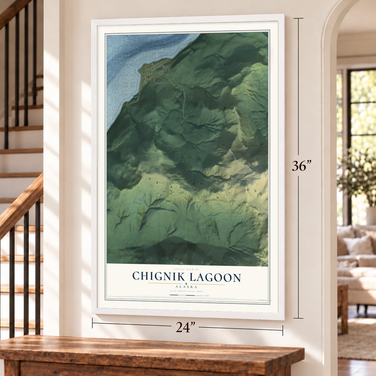Chignik Lagoon, Alaska map, 24 x 36 inch print in a white frame by a staircase