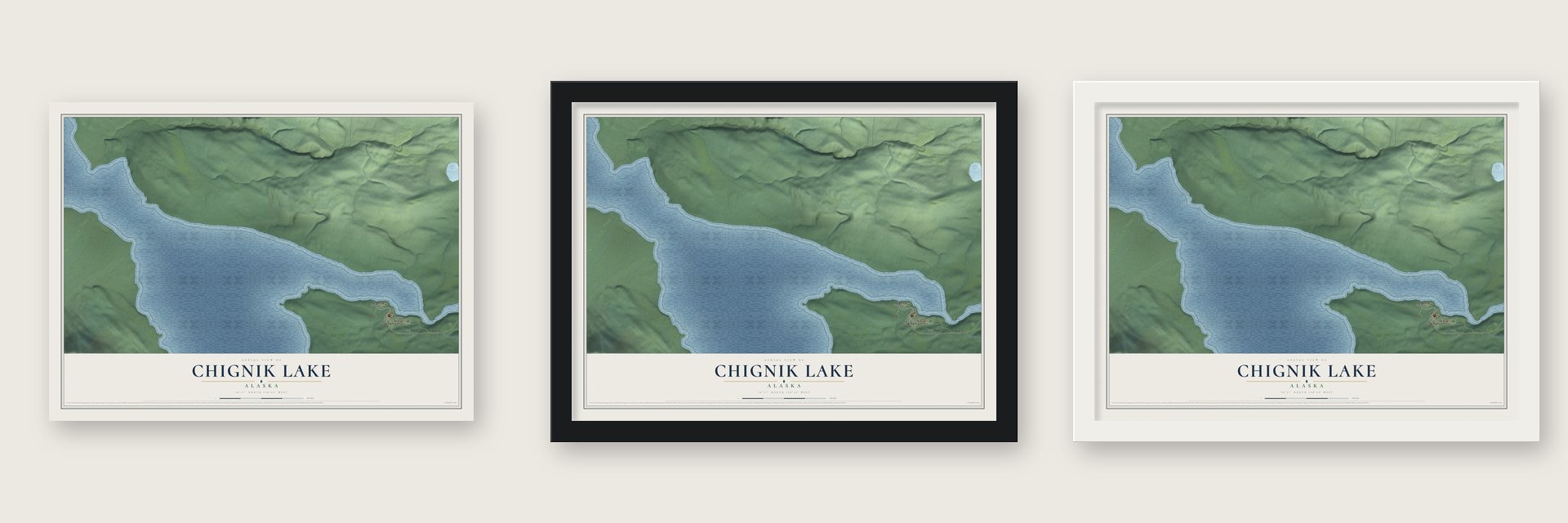 Chignik Lake, Alaska map unframed, in a black wood frame and in a white wood frame