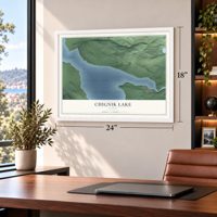 Chignik Lake, Alaska map, 18 x 24 inch print in a white frame in a home office
