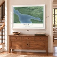 Chignik Lake, Alaska map, 24 x 36 inch print in a white frame above a dresser by a staircase