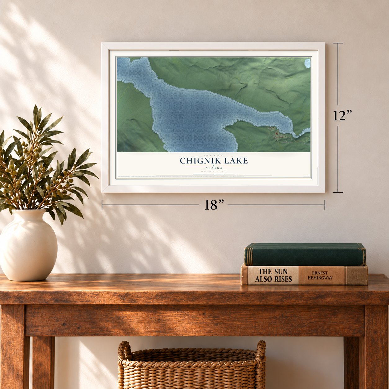 Chignik Lake, Alaska map, 12 x 18 inch print in a white frame in an entryway