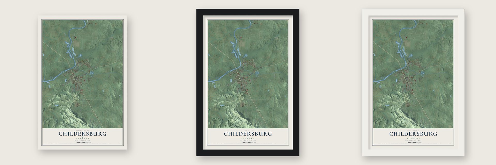 Childersburg, Alabama map unframed, in a black wood frame and in a white wood frame