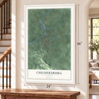 Childersburg, Alabama map, 24 x 36 inch print in a white frame by a staircase